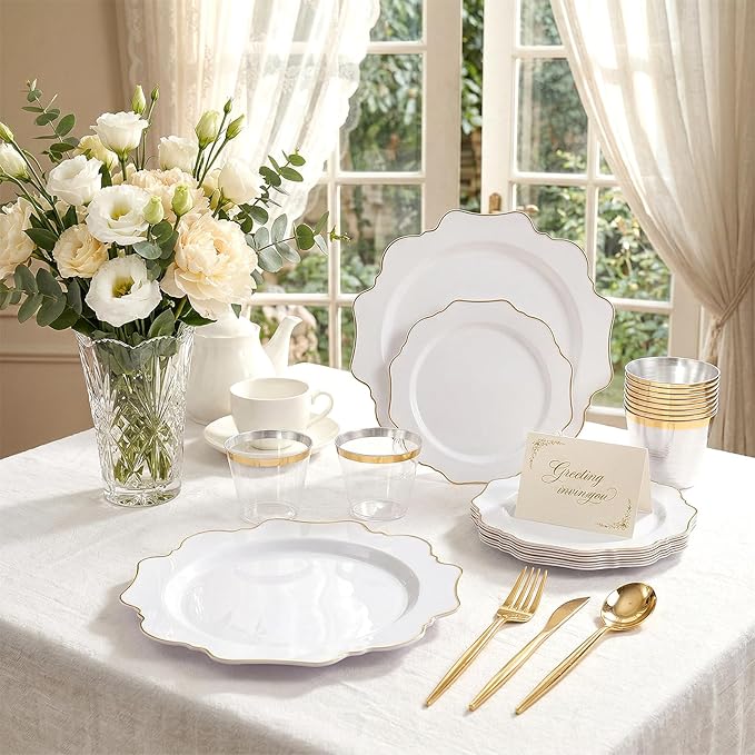 350PCS White and Gold Plastic Plates - Image 5