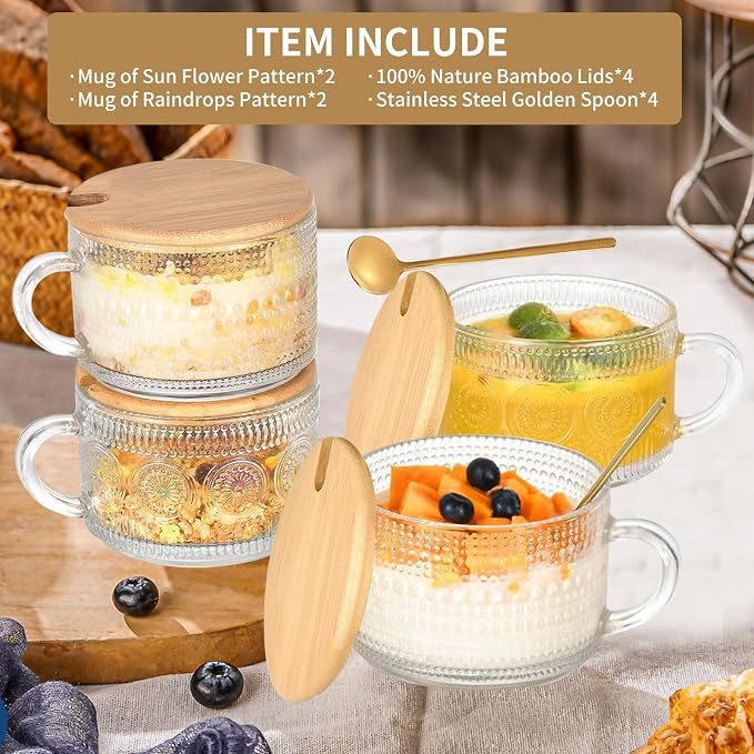 DOPUDO Vintage Glass Coffee Mugs, Overnight Oats Containers - Image 2