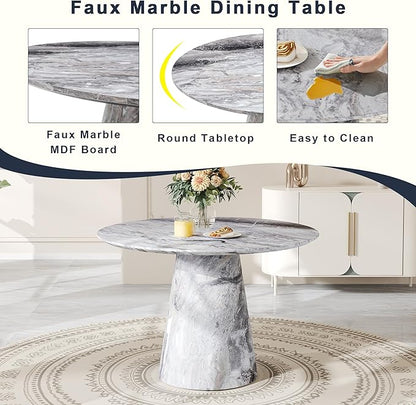 Round Dining Table Set for 6, 45" Modern Faux Marble Kitchen Table and Upholstered Chairs, 7 Piece Circle Dinner Set for Dining Room, Kitchen (Marble Gray Set)