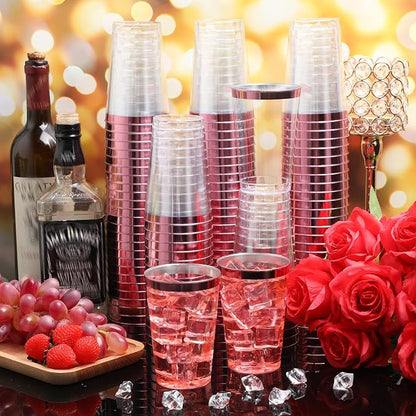 Patelai 100 Pcs Valentine's Day Plastic Cups 12 oz Pink Rimmed Plastic Cups Heavy Duty Disposable Wine Glasses Clear Pink Cocktail Glasses Drinking Tumblers for Galentines Day Party Wedding