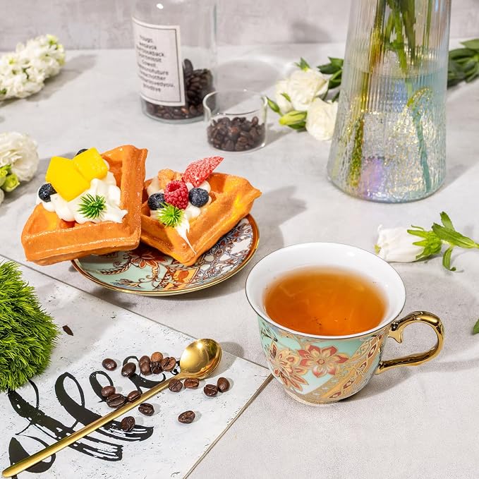 Tea Cups and Saucers Set of 8, 8 OZ Floral Tea Cup - Image 7