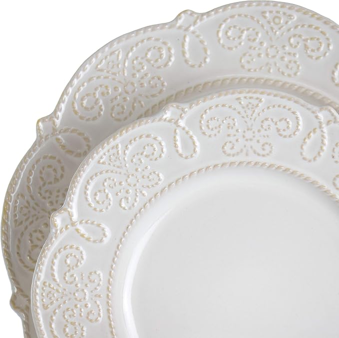 Elama Round Decorated Stoneware Scallop Embossed Dinnerware Dish Set, 16 Piece - Image 9