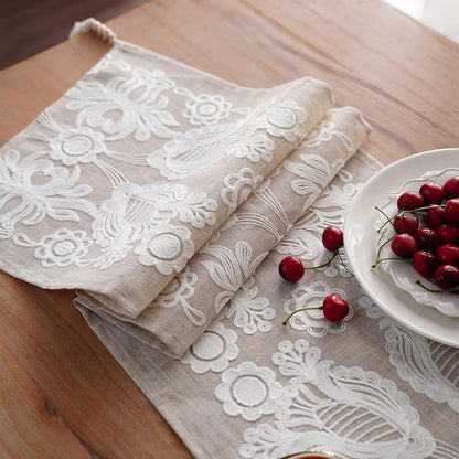 Embroidered Table Runner Boho Farmhouse Dresser Scarf, 4 Tassel Pendants - Image 6