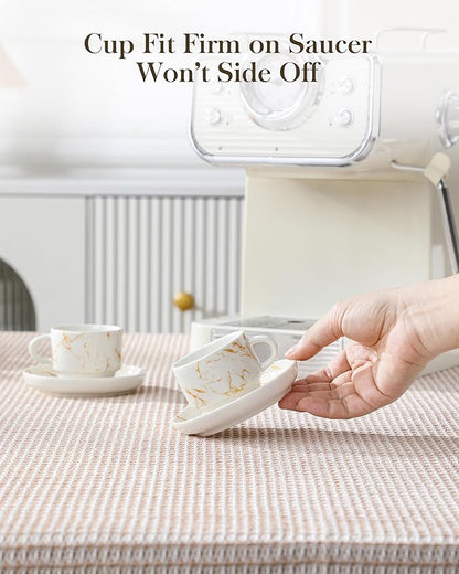 MALACASA 2.5 OZ Porcelain Espresso Cups with Saucers and Metal Stand Set of 4, Stackable Cappuccino Cups, Marble White Expresso Shots Cup Set for Coffee Drinks, Latte, Tea