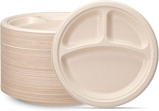 GUSTO [9 Inch - 125 Count Heavy-Duty 100% Compostable, 3 Compartment Eco-Friendly, Kraft Disposable Sugarcane Paper Plates - Brown Unbleached (Formerly Comfy Package)