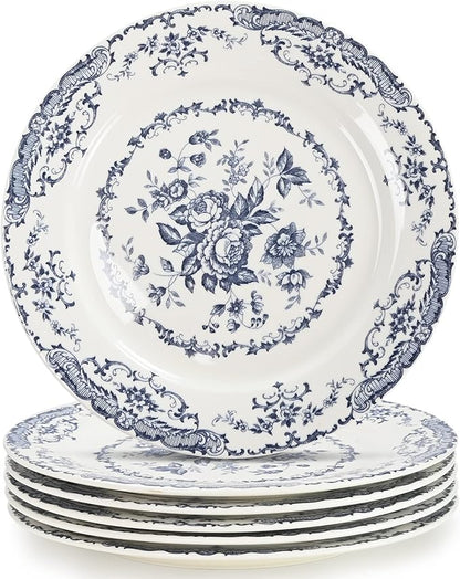 Salad Plates, Ceramic Plates Set of 6, Kitchen Plates Microwave Safe, 8.5 Inch White Plate Dessert Blue Floral
