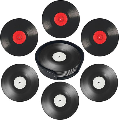 Record Coasters Leather Round Drink Coasters 6 Pcs Set with Holderor for Cup Drink Coffee Table Bar Home Decor