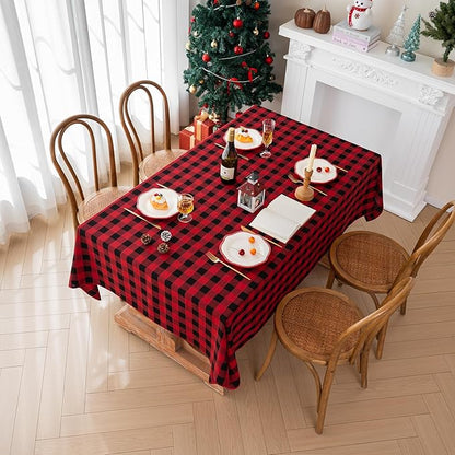 Gingham Christmas Tablecloth Heavy Duty Cotton Blend Red 60x102 inch Plaid Christmas Table Cloth Reusable Waterproof Foldable Tablecloths Xmas Table Cover for New Year Party Decor