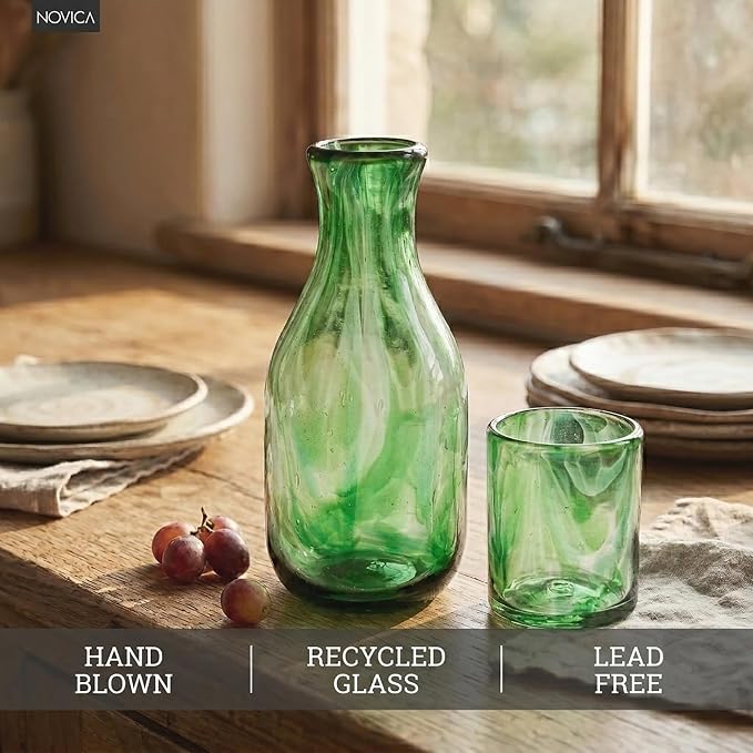 NOVICA Artisan Handblown Recycled Glass Carafe Green Cup Mexico Tableware - Image 4