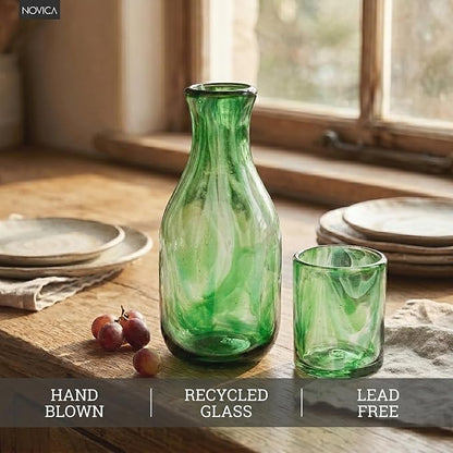 NOVICA Artisan Handblown Recycled Glass Carafe Green Cup Mexico Tableware - Image 4