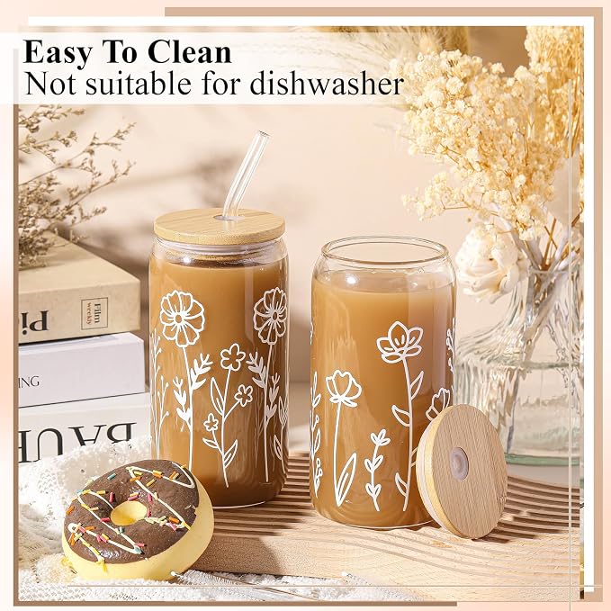 Mumufy 2 Pack Glass Cups Gift Aesthetic Cute Glass Cup Tumbler Flower Iced - Image 4