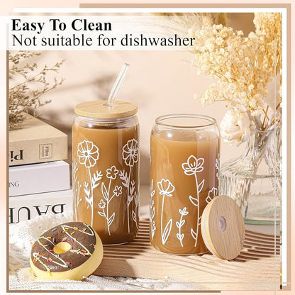 Mumufy 2 Pack Glass Cups Gift Aesthetic Cute Glass Cup Tumbler Flower Iced - Image 4