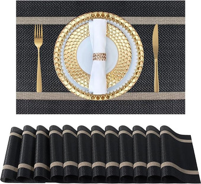 FAVE Placemats Set of 12 Black Placemats Woven with Golden Thread Vinyl Placemat for Wedding, Banquet, Birthday, Party, Restaurant Decorations(Black, 12"x18"-12PCS)