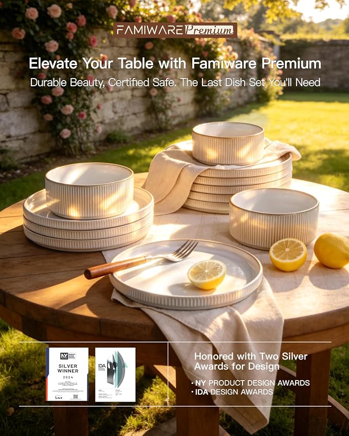 Stoneware Dinnerware Set for 4, Cappuccino White Dishes | 12 pcs Ceramic Plates - Image 8