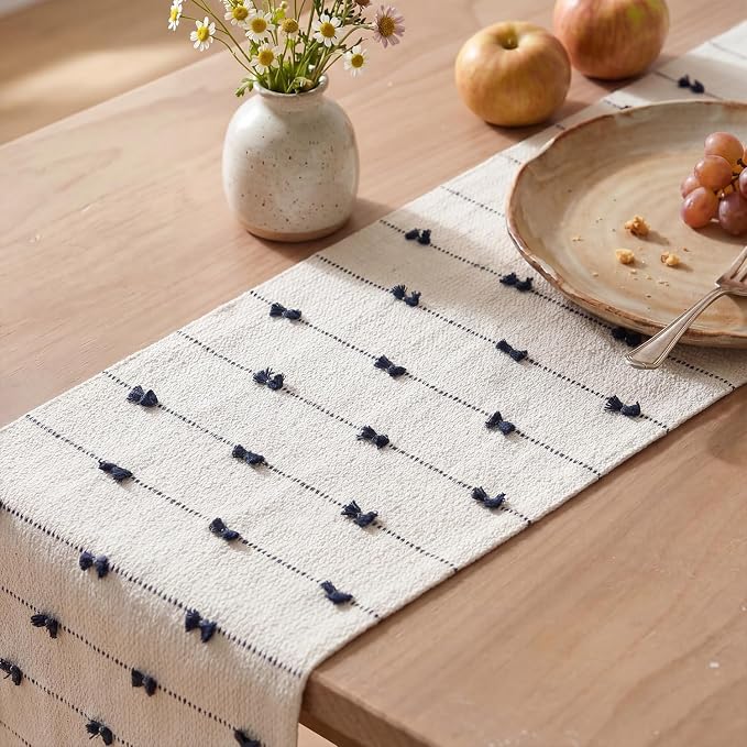 Artoid Mode Dark Blue Boho Farmhouse Cotton Woven Table Runner, Seasonal Summer - Image 3