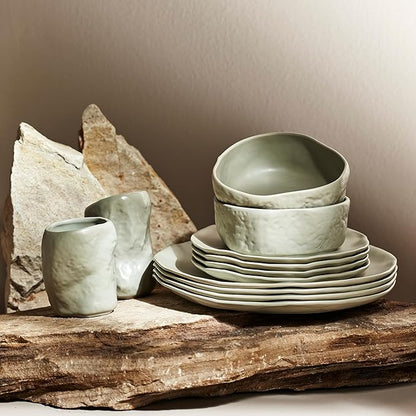 Stone by Mercer Project Atik Modern Stoneware 32-Piece Dinnerware Set, Plate and Bowl Set, Dish set for 8, White