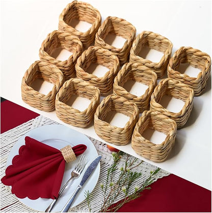 12 Pcs Square Woven Napkin Rings, Water Hyacinth Easter Napkin Rings Set Of 12, Anillos Para Servilletas De Tela, Boho Napkins Holder For Elegant Table Decoration, Christmas Table Decor, Wedding Decor