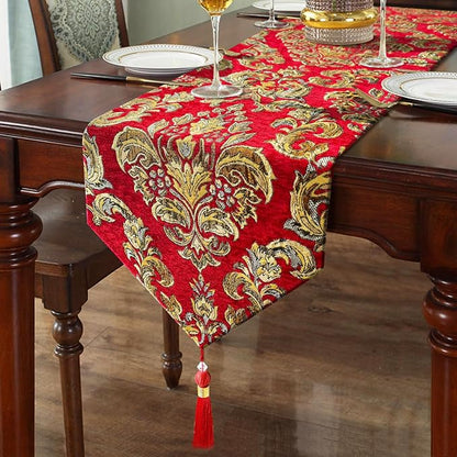 Luxury Table Runner Red 84" Vintage Embroidered Jacquard Chenille Cloths | by HeMiaor