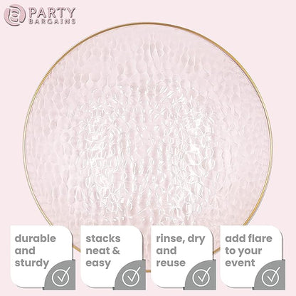 PARTY BARGAINS 13-Inch Charger Plates - 96 Pack, Hammered Pink Gold Rim, Heavy-Duty Disposable Chargers for Elegant Dining - Ideal for Weddings and Formal Events