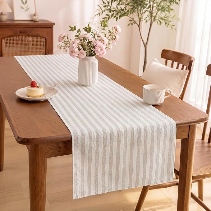 6 Pcs Beige and White Stripe Table Runner, 13 x 72 Inch | Linen Kitchen Dining - Image 2