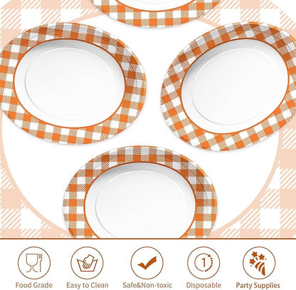 50pcs Fall Gingham Oval Paper Plates 10" x 12" Large Disposable Heavy Duty Orange & White Buffalo Checked Plaid Platters Thanksgiving Dessert Plates for Fall Harvest Themed Party Supplies Table Decor