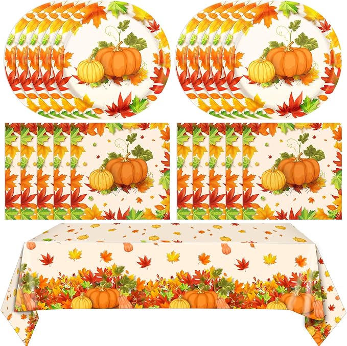 41Pcs Thanksgiving Party Decorations, Fall Paper Plates Napkins Tablecloth by Mainivo