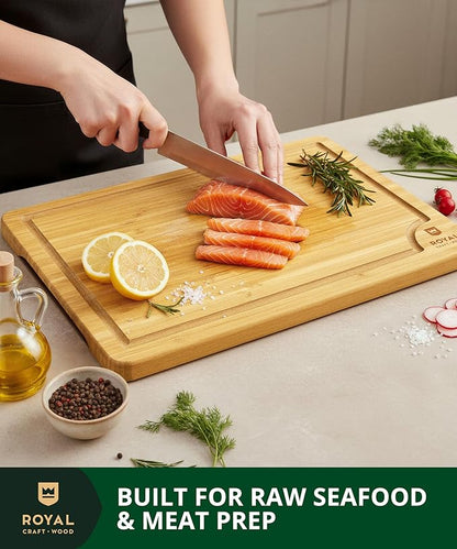 ROYAL CRAFT WOOD Premium Cutting Board Set – Non Toxic Bamboo & Wooden Cutting Boards for Kitchen Meal Prep, Durable Butcher Block for Meat with Side Handles, Deep Juice Groove, Charcuterie & Chopping
