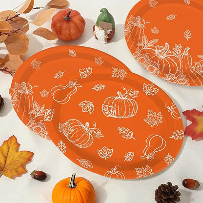 50Pcs Fall Pumpkins Oval Paper Plate Thanksgiving Plate 10" X 12" Large Disposable Heavy Duty Burnt Orange Pumpkin Autumn Leaves Platter for Terracotta Fall Harvest Thanksgiving Party Decoration