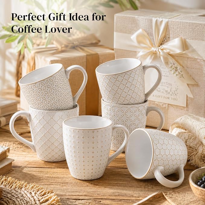 DOWAN Coffee Mugs Set of 6, 19 oz Large Mug, Ceramic Embossment Stoneware Tea - Image 7