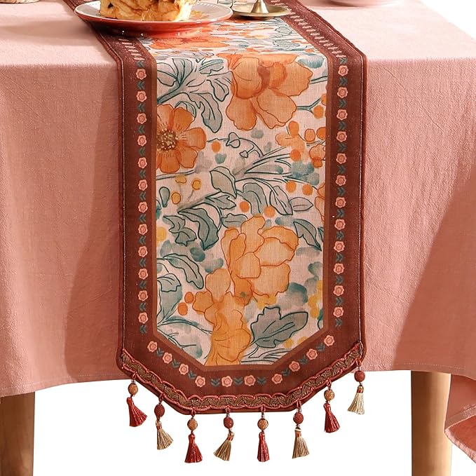 bilin gaier Designer Vintage Orange Floral Small Table Runner, French Farmhouse by bilingaier
