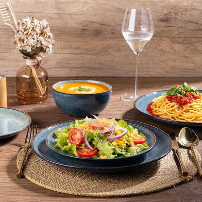 AmorArc Ceramic Dinnerware Sets for 4, 12 Pieces Handpainted Plates and Bowls Set, Scratch Resistant Stoneware Dishes Set, Dishwasher & Microwave Safe, Ceylon Blue