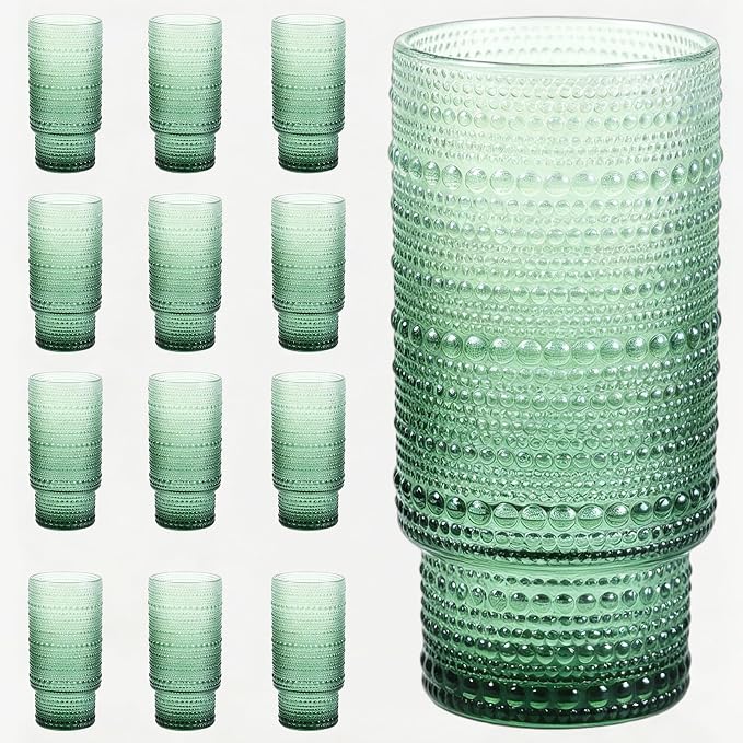 Large Capacity 16 oz Hobnail Drinking Glasses Set of 12, Vintage Glassware by Cowjut