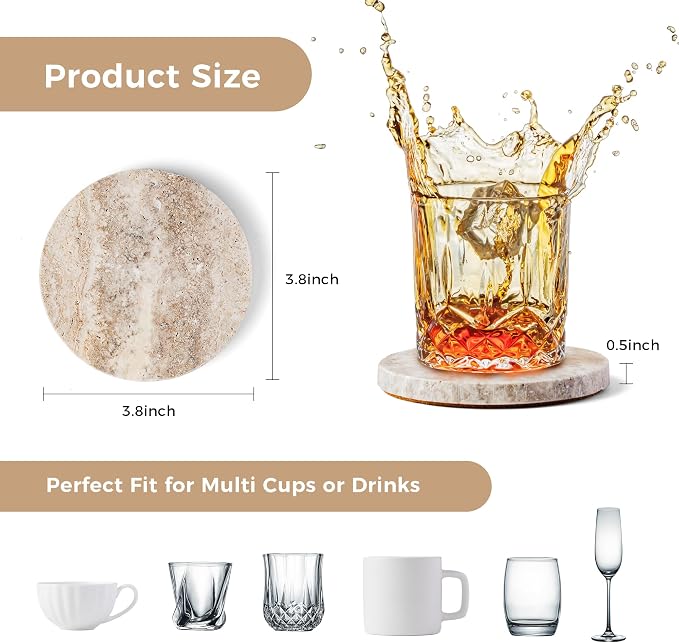 Marble Coaster for Drinks 4" Diameter Set of 4 Round Travertine Coasters for - Image 3