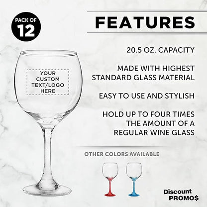 Custom Premiere Wedding Wine Glasses 20.5 oz Set of 12, Personalized Bulk Pack - Restaurant Glassware, Perfect for Red Wine or White Wine - Clear