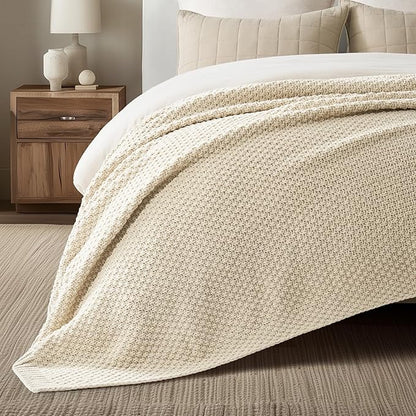 EVERGRACEHOME Chunky Chenille Knit Throw Blanket for Couch, Soft Luxurious Oversized King Moss Stitch Blanket for Bed, Large Cozy Farmhouse Knitted Throw for Sofa, Beige, 92" x 108"