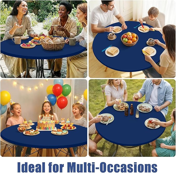 Round Spandex Tablecloth 2 Pack, Elastic Fitted Waterproof Tablecloths for 36"-44" Tables, Stretch Washable Picnic Table Cover for Camping, Dining, Indoor and Outdoor, Navy