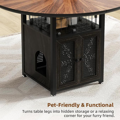 47" Round Dining Table Set for 4-6 People, Large Farmhouse Kitchen Dining Table Set with Chairs and Storage Rack, Metal Base Round Table for Home Dining Room Living Room (Cat table and 2 black chairs)