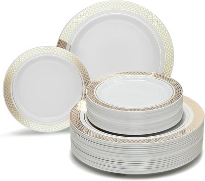 OCCASIONS 120 Plates Pack,(60 Guests) Heavyweight Premium Wedding Party Disposable Plastic Plates Set -60 x 10.5'' Dinner + 60 x 7.5'' Salad/Dessert (Celebration White & Gold)