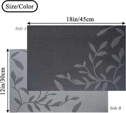 Leaf Placemats Set of 8 Non-Slip Heat-Resistant Vinyl Washable Place Mats for Kitchen Table Indoor Outdoor Durable (18"x12", Black)