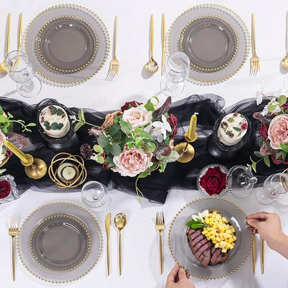 EI 60pcs Clear Black and Gold Plastic Plates Disposable Plates Heavy Duty,10.25" Dinner & 7.5" Dessert Clear Black Plate Perfect Wedding,Party,Birthday,Anniversary,Business Events