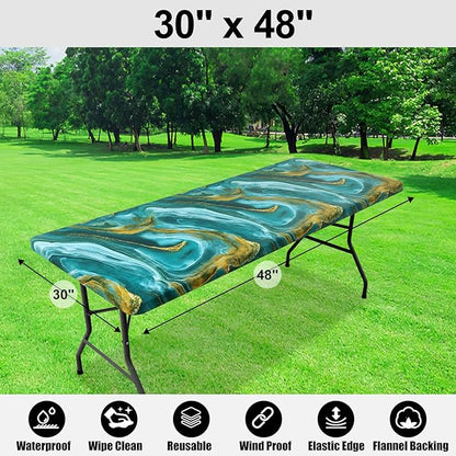 Smiry Rectangle Table Cloth Cover, Waterproof Elastic Fitted Picnic Tablecloth for 4 Foot Tables, Wipeable Flannel Backed Vinyl Tablecloths for Camping, Dining, Outdoor (Teal & Gold, 30" x 48")