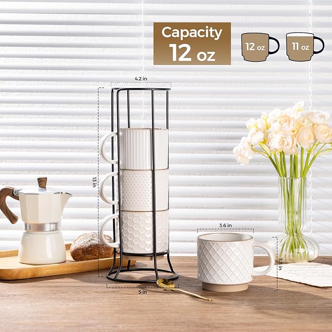 GBhome 12 OZ Stackable Coffee Mugs Set of 4, Ceramic White Coffee Cups Set | - Image 3