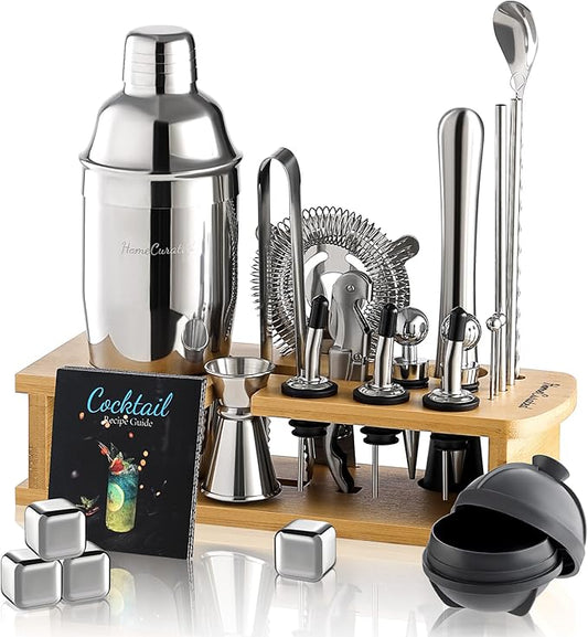 Cocktail Shaker Set, 24-Piece Bar Bartender Kit with Stand, Martini Shaker, Jigger, Strainer,Mixer Spoon,Muddler,Liquor Pourers,Tongs,Opener,LCE Ball Mold&LCE Cubes,Bottle Stoppers|Silver
