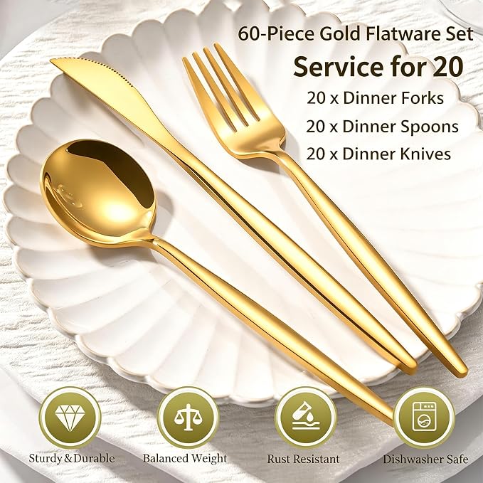 60-Piece Gold Silverware Set for 20, Food Grade Stainless Steel Flatware Set - Image 2