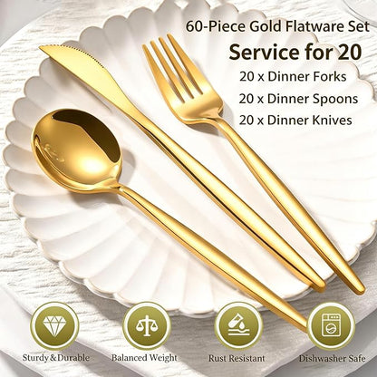 60-Piece Gold Silverware Set for 20, Food Grade Stainless Steel Flatware Set - Image 2