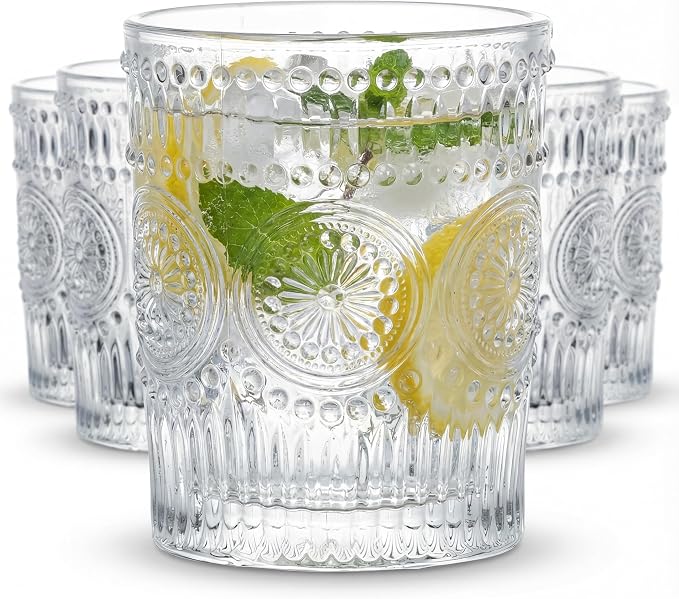 Kingrol 6 Pack SMALL 9 oz Drinking Glasses, Vintage Embossed Tumblers by Kingrol