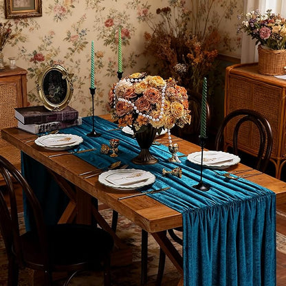 Peacock Blue Velvet Table Runner 29x120 Inch Luxury Retro Thick Runners | 5 - Image 5