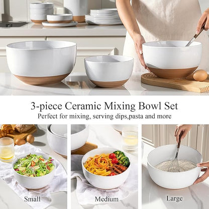 AmorArc Ceramic Mixing Bowls|Nesting Bowls Set of 3 for Kitchen|Stoneware Serving Bowls with Rustic Terracotta Underside for Mixing,Cooking,Baking,Salad| Microwave & Dishwasher Safe 4.6/2.8/1.3 Qt