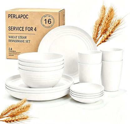 Wheat Straw Plates and Bowls Sets of 16，Unbreakable Dinnerware Sets by Perlapoc
