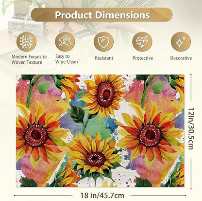 Placemats Set of 6 Linen Washable Kitchen Dining Watercolor Sunflower Table Mats Stain Heat-Resistant Desktop Décor Colorful Wildflower Place Mats for Home Party Indoor 12x18 in